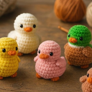 Puede incluir: Una colección de patitos de ganchillo hechos a mano en varios colores. Los patitos son amarillos, blancos, rosas, verdes y marrones, cada uno con picos y patas naranjas y ojos negros. El fondo incluye hilo y un ganchillo.