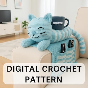 Patrón de portavasos de gato a crochet, organizador de brazo de sofá (patrón PDF)