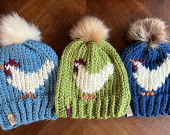 Build Your Own Chicken Knitted Beanie - Chicken Print Hat - Fall Hat - Pom Pom Beanie - Womens Beanie - Kids Winter Hat - Chicken Lady