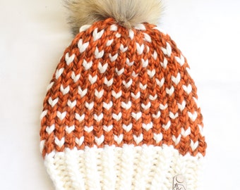 Pumpkin Spice Heart Knitted Beanie - Heart Print Hat - Fall Hat - Pom Pom Beanie - Womens Beanie - Kids Winter Hat - Toque