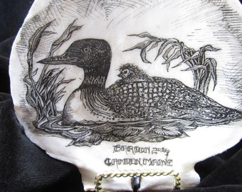 LOON on MAINE Scallop Shell .......scrimshaw,Maine,Loon,lake,sea,line,drawing,pen and ink,bird,waterfowl,shell,ornament,scallop