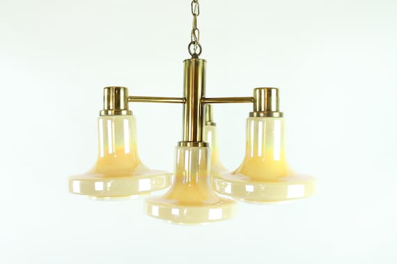 70s Chandelier Hanging Light Iridescent Orange Glass Shades Brass Dining Ceiling Light Vintage 1970s 70s Chandelier Hanging Light Iridescent Orange Glass Shades Brass Dining Ceiling Light Vintage 1970s