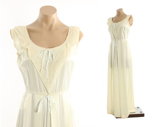 Vintage 40s Nightgown Ivory Rayon Floor Length Lace Gown Womens Lingerie 1940s Small S Medium M