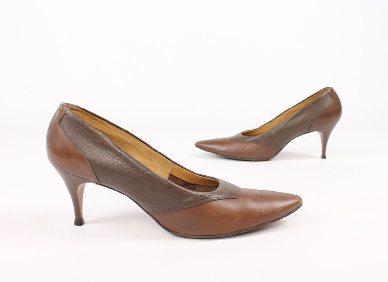 Vintage 50s Leather Pumps Brown Stilettos Heels Pointy Toes - Etsy