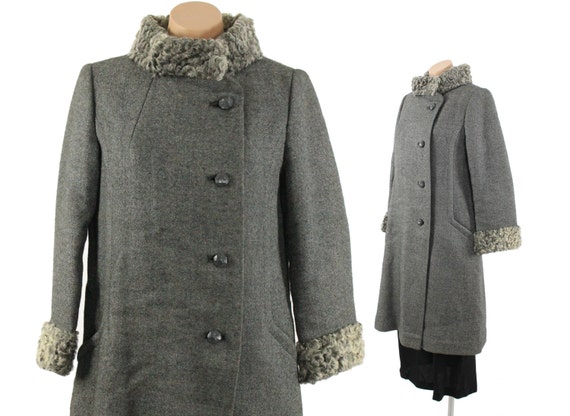 Vintage 50s 60s Wool Coat Curly Lamb Coat Gray Rus