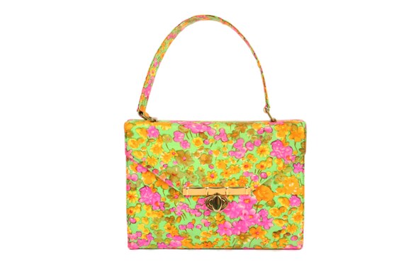 Vintage 60s Silk Handbag Box Purse Florescent Flor