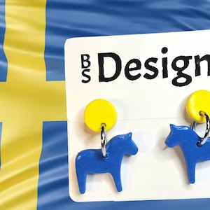 Dalahorse Dalahäst polymer clay, blue and yellow earrings. The Swedish flag. Surgical steel studs. Dala horse, Sweden.