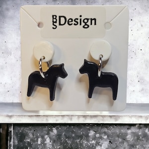 Dalahorse Dalahäst black and white polymer clay earrings. Surgical steel studs. Dala horse.