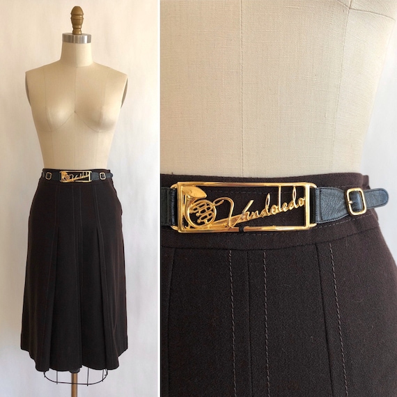 70s wool crepe skirt with novelty brass bling S ~