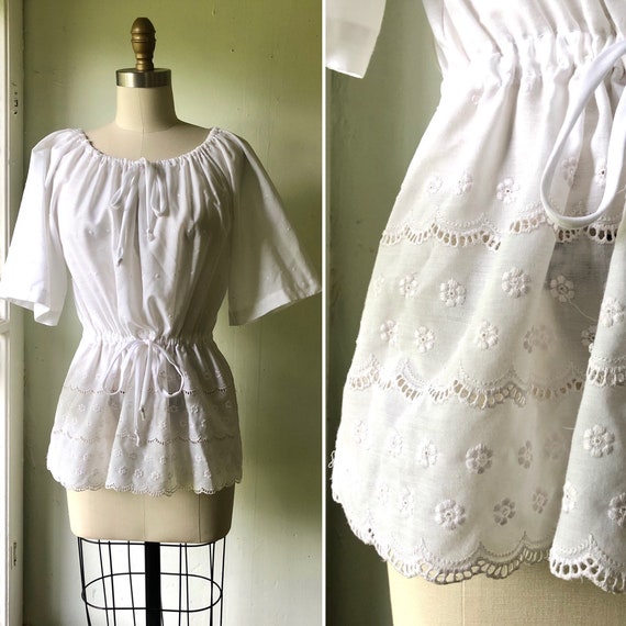 70s eyelet lace blouse S-M ~ vintage white cotton