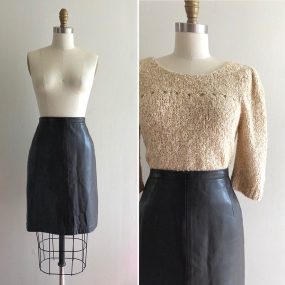 80s leather skirt S~ vintage dark brown supple lea