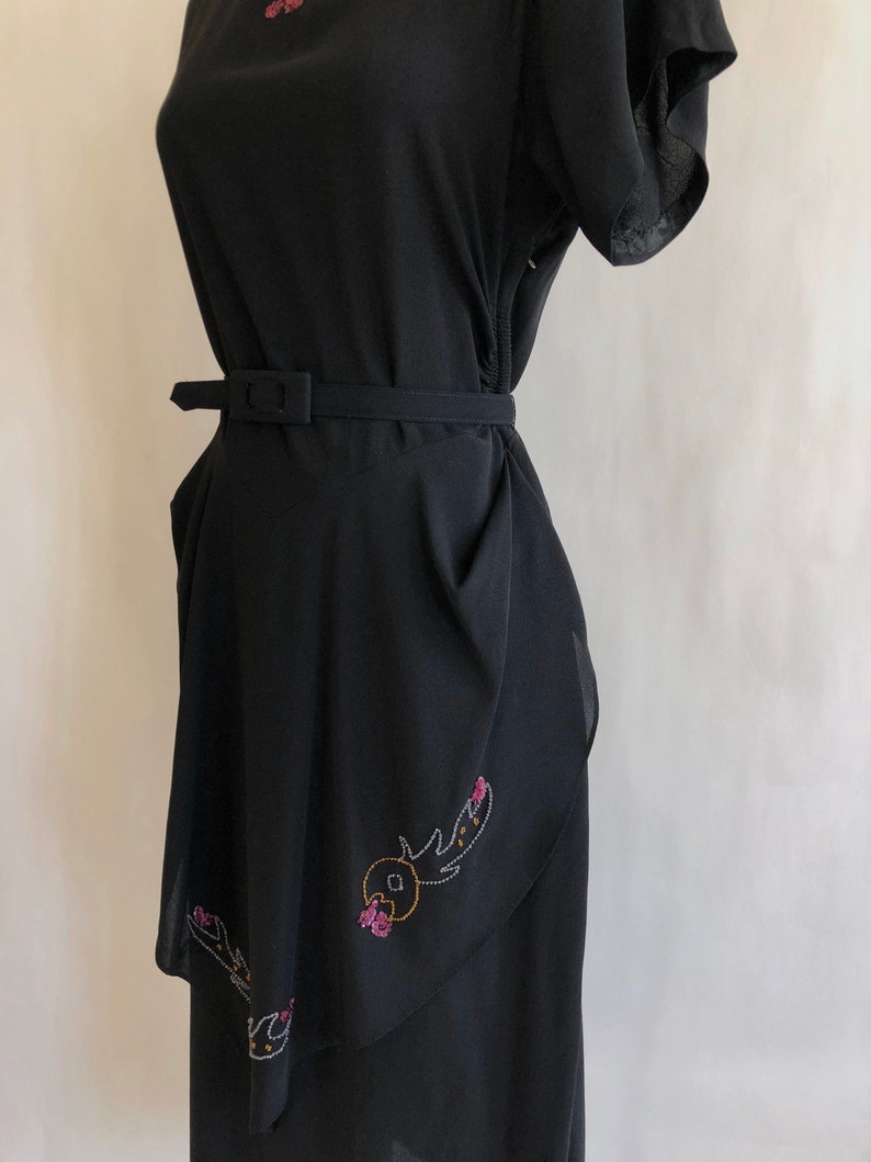 1940s sequin evening dress ML ~ vintage black rayon dress