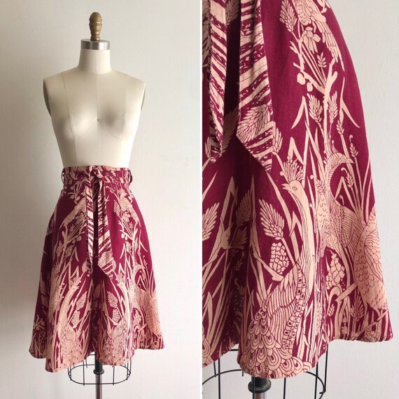 70s cotton wrap skirt M-L ~ vintage bird novelty p