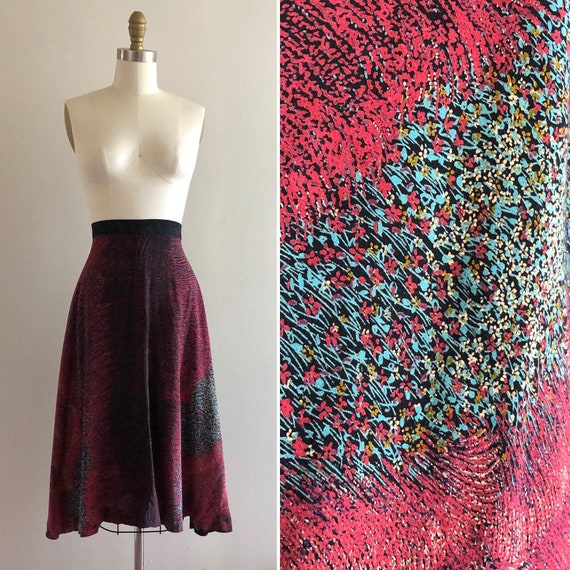 1970s rayon floral skirt S ~ vintage flared A lin