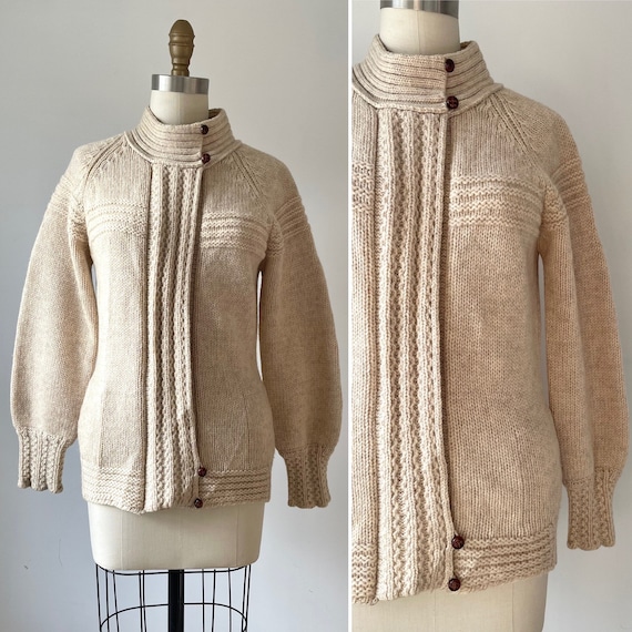 vintage cream wool sweater jacket S ~ 80s zip up s
