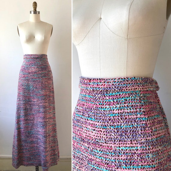 1970s pink and blue woven maxi skirt M ~ vintage w
