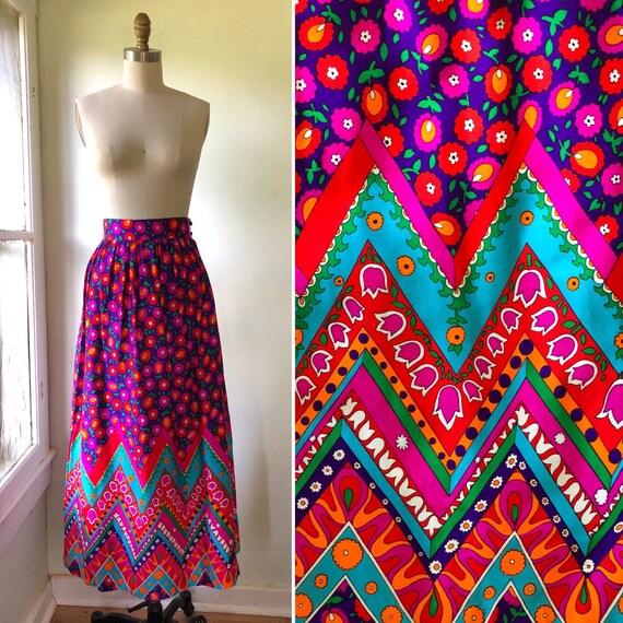 70s psychedelic print skirt M ~ vintage vibrant fl