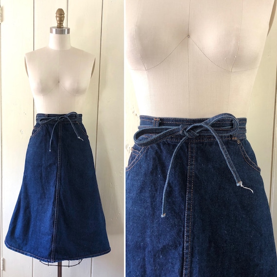 70s denim wrap skirt S ~ vintage flared midi skirt
