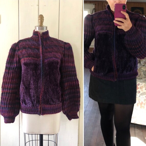 80s knit puff sleeve jacket M-M/L ~ vintage purple