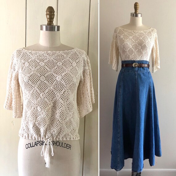90s crochet top M ~ vintage white crochet blouse
