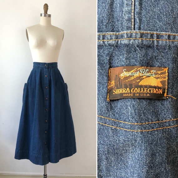 70s denim skirt with pockets M ~ vintage flared bu