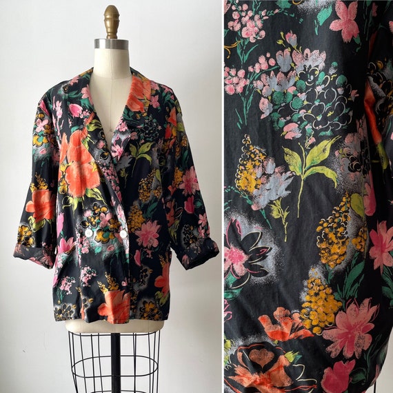 vintage oversized floral print blazer L ~ 80s dark