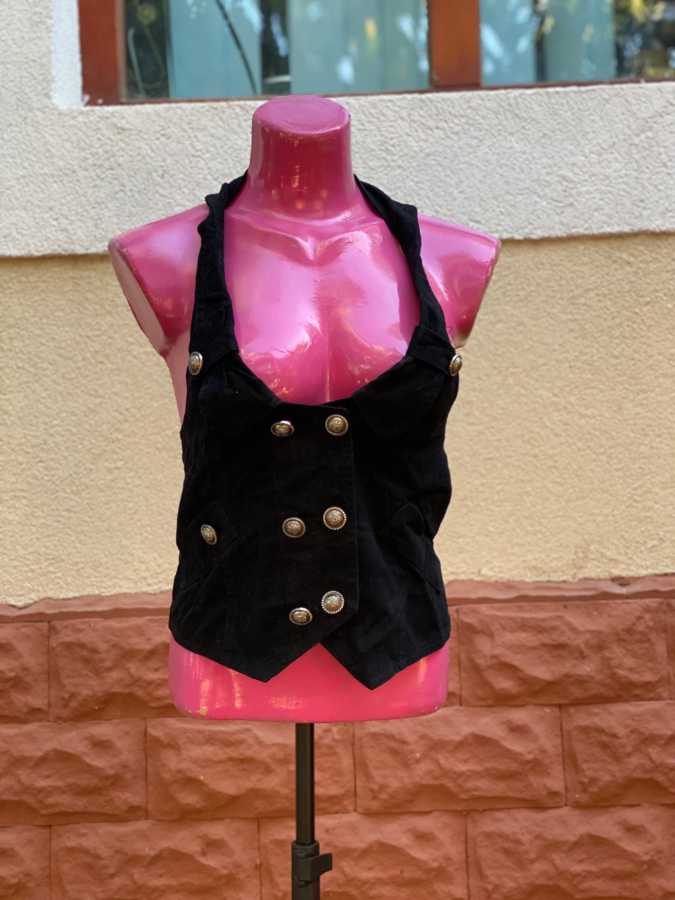 Vintage, With Amazing Buttons Sleeveless Black Jacket Vest, Size SM