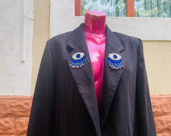 Blazer en laine noire, taille L, perlé, yeux, blazer noir, laine,