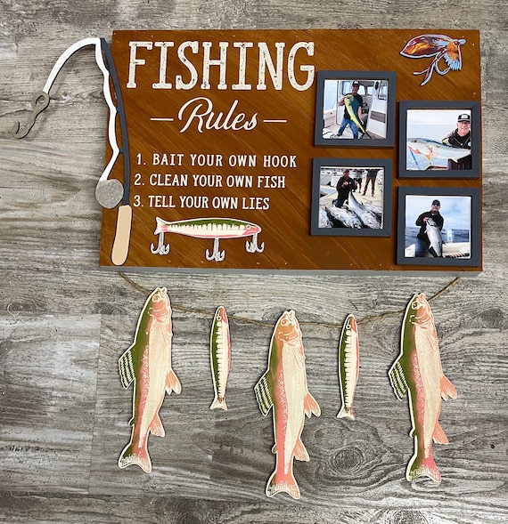 Fishing Rules, Fishing cutouts only, unpainted wooden cutouts, fishing rod,  2 lures and 5 fish cutouts