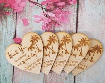 Heart With Palm Tree Qty 30-50 Thank You Wedding Favors with Palm Trees, 3" Wedding Favor Magnet, Bride, Groom, Gift, Save the Date