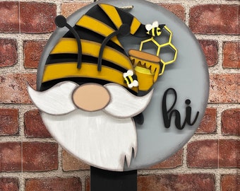 Bee Gnome Door Sign kit, unpainted wooden cutouts - ready for you to paint, interchangeable hat