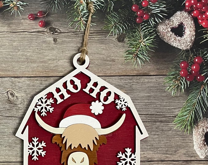 Highland Cow Christmas Ornament Cutout, Unpainted Wooden Cutout Ready
