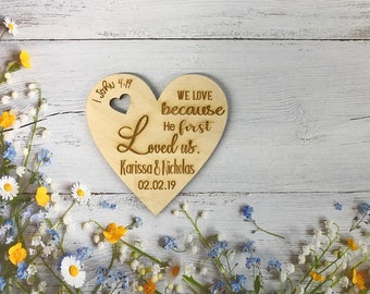 We Love Because He First Loved Us; 1 John 4:19, Qty30-50 3" Wedding Favor Magnet, Bride, Groom, Gift, Save the Date