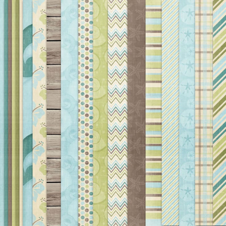 Pu&ograve; includere: Un set di 12 motivi di carta digitale in blu, verde e marrone. I motivi includono strisce, pois, chevron e disegni floreali.