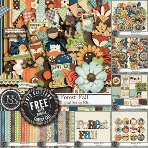 Kit de álbum de recortes digital de 12 x 12 con temática de otoño y bosque, paquete