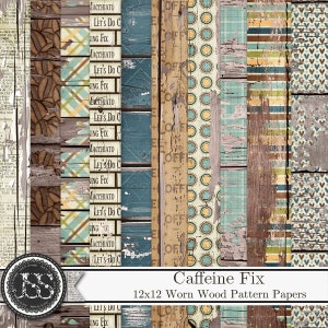 Caffeine Fix 12x12 Worn Wood Pattern Papers Digital Scrapbook Kit, Shabby, Grungy