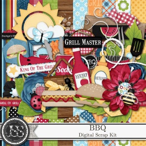 Kit album digitale, kit estivo per barbecue, alfabeto, abbellimenti, carte, scaricabili