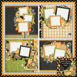 May include: Four digital scrapbook pages with a Halloween theme. The pages feature black and white polka dots, orange and green plaid, and a spider web design. Each page has multiple photo frames with a Jack-o-lantern design. The text "Jack O Lantern 12x12 Quick Pages By Just Us Designs" is on the bottom right page.