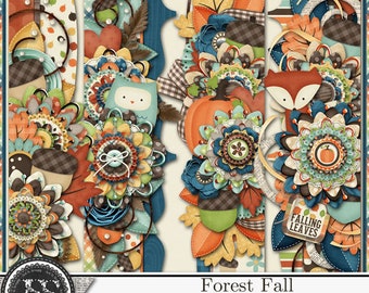 Forest Fall Autumn Page Borders, Digital Scrapbook Kit, Embellishments