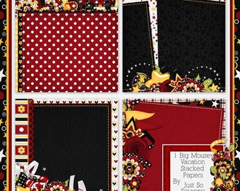 May include: Four digital scrapbook paper designs featuring a red and white polka dot pattern, a black background with white stars, a red background with yellow flowers, and a black background with red hearts. The papers are titled "1 Big Mousey Vacation Stacked Papers By Just So Scrappy".