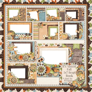 Puede incluir: Una plantilla de álbum de recortes digital con un tema otoñal. La plantilla presenta una variedad de marcos, patrones e imágenes, incluyendo búhos, calabazas y hojas. El texto "It's Almost Fall 5x7 Brag Book by Just So Scrappy" está incluido en la plantilla.