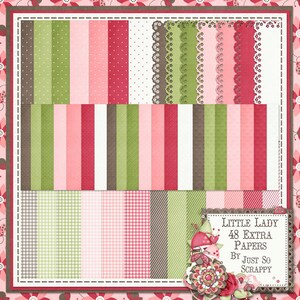 Op de afbeelding: Een digitaal papierpakket met 48 verschillende patronen in roze, groen en bruin. De patronen omvatten stippen, strepen, ruitjes en kant. De tekst "Little Lady 48 Extra Papers By Just So Scrappy" staat in de rechterbenedenhoek.