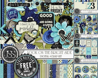 May include: Digital scrapbook kit with a blue, green, and black color scheme. The kit includes papers, embellishments, and alphas. The title of the kit is "Look on the Bright Side".