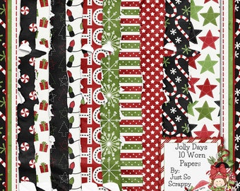 Jolly Days Christmas 12x12 Worn and Torn Pattern Papers Digital Scrapbook Kit, Holidays