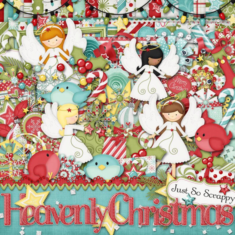 May include: A digital scrapbook kit with a Christmas theme. The kit features angels, birds, stars, candy canes, and other festive elements in red, green, blue, and white. The text "Heavenly Christmas" is featured in the bottom center of the image.