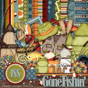 Kit de álbum de recortes digital "Gone Fishin'" con complemento "Happy Camper" - Scrapbooking digital
