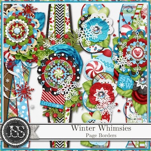 Winter Whimsies 12x12 Digital Scrapbooking Kit, Page Borders, Snow Season, Elements,Embellishmets