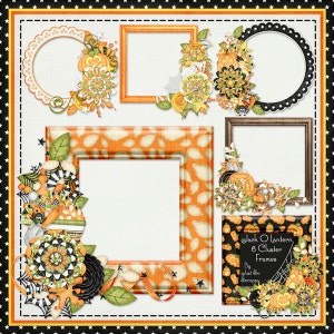 May include: Set of six Halloween-themed digital scrapbook frames featuring orange, black, and white colors with pumpkin, spiderweb, and floral designs. The frames are labeled "Jack O Lantern 6 Cluster Frames by Just So Scrappy".