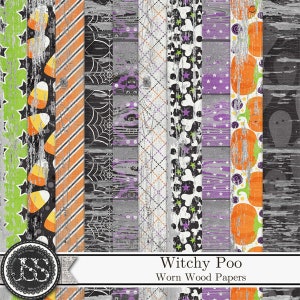 Witchy Poo Halloween 12x12 Worn Wood Pattern Papers and Backgrounds, Digital Scrapbook Kit