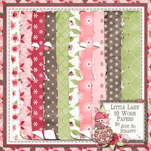 Könnte beinhalten: Ein digitales Papierpaket mit 10 verschiedenen Designs in Rosa, Grün, Braun und Weiß. Die Designs beinhalten Blumen, Punkte und Marienkäfer. Der Text "Little Lady 10 Worn Papers By Just So Scrappy" befindet sich in der rechten unteren Ecke.